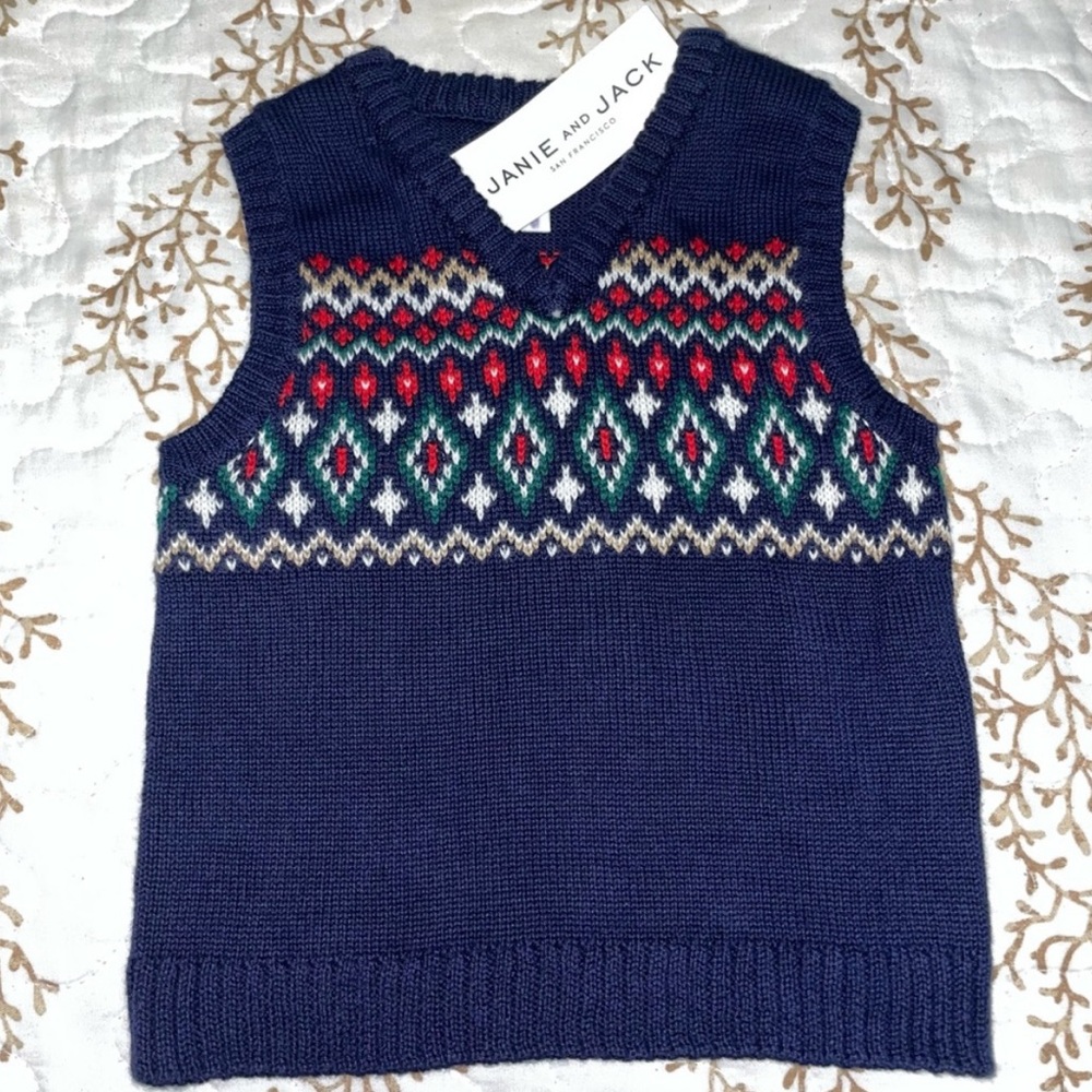 NWT Janie and Jack navy holiday Christmas knit printed sweater vest 3-6 months